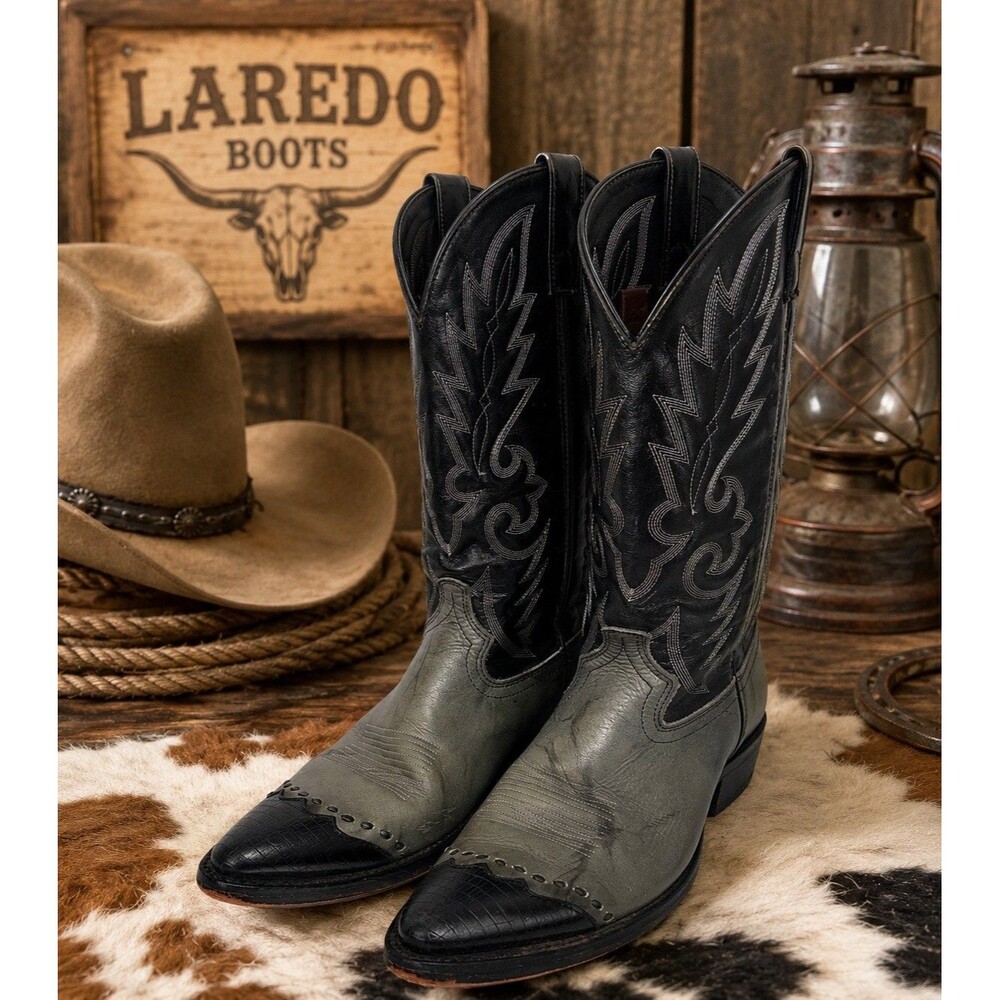 Laredo Mens 9 D Cowboy Boots Gray Black Leather Western Snip Toe Rockabilly